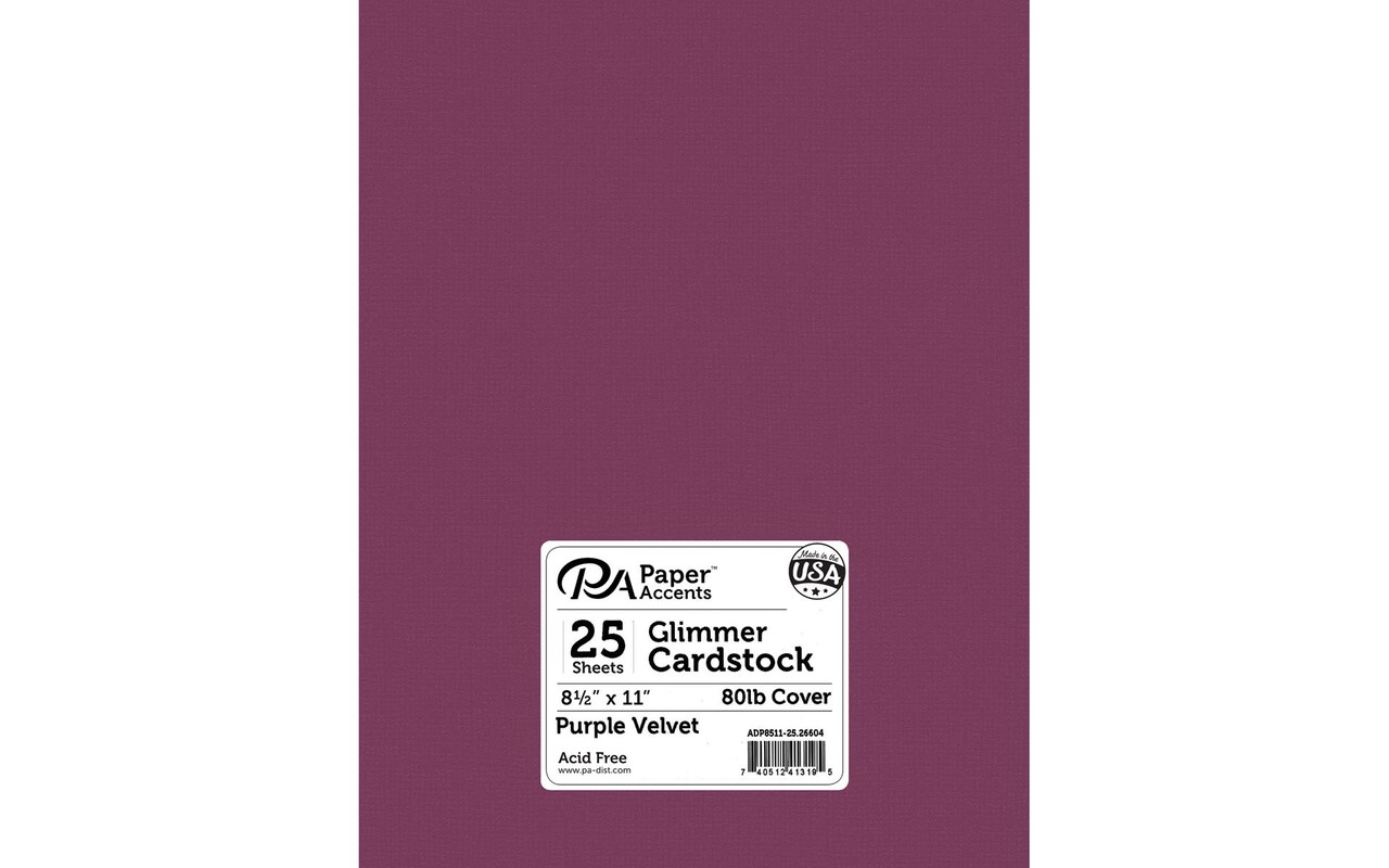 PA Paper Accents Glimmer Cardstock 8.5" x 11" Purple Velvet, 80lb colored cardstock paper for card making, scrapbooking, printing, quilling and crafts, 25 piece pack